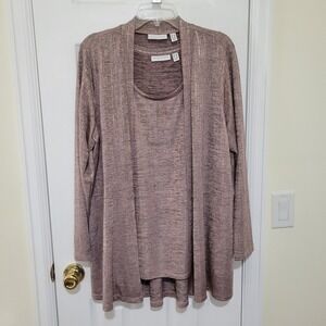 Susan Graver Womens 1X Rose Gold Metallic Knit Cardigan and Tank Top Twin Set